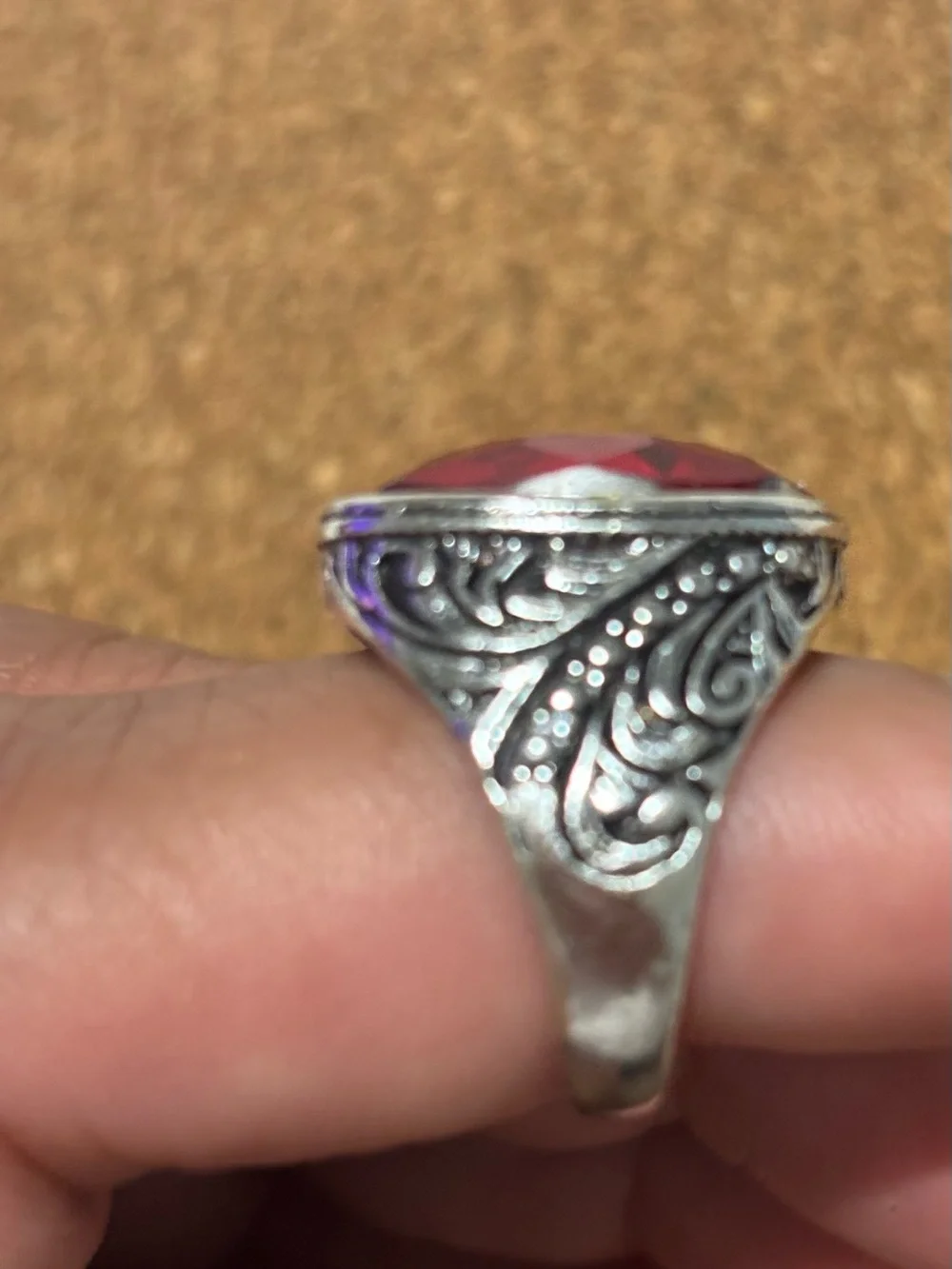 Vintage Gothic Style Oval Red Faceted Stone Silver Ring - Unbranded